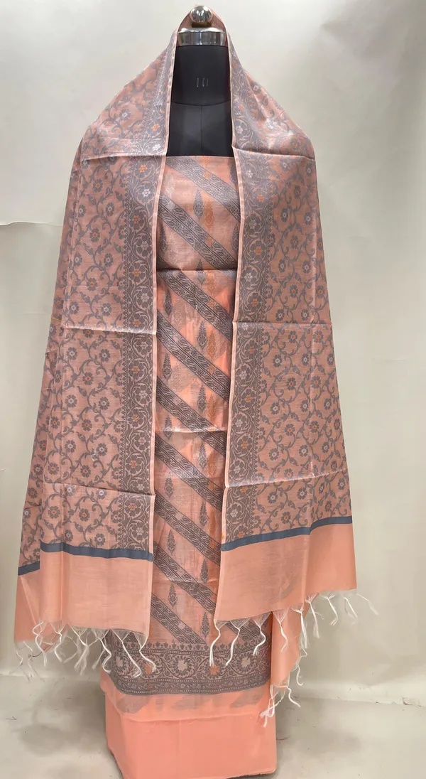 Humairah_Peach_Cotton_Diagonal_Resham_Stripe_Sona_Rupa_Booti_3_pcs_Suit_set_with_Plain_Bottom_and_Tilfi_Floral_Zari_Mina_Jaal_Peach_Dupatta