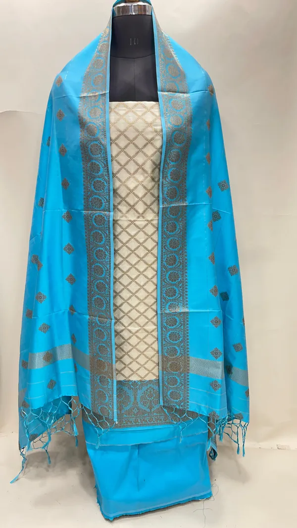 Humairah_Presents_Off_white_Semi_Katan_Silk_Checkered_Striped_3_pcs_Suit_Set_with_Contrast_Blue_Plain_Bottom_and_Floral_Zari_Booti_Blue_Dupatta_ASD_126
