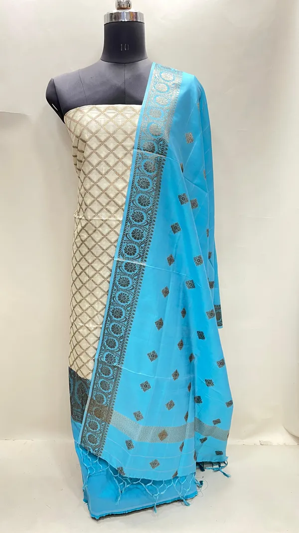 Humairah_Presents_Off_white_Semi_Katan_Silk_Checkered_Striped_3_pcs_Suit_Set_with_Contrast_Blue_Plain_Bottom_and_Floral_Zari_Booti_Blue_Dupatta_ASD_126
