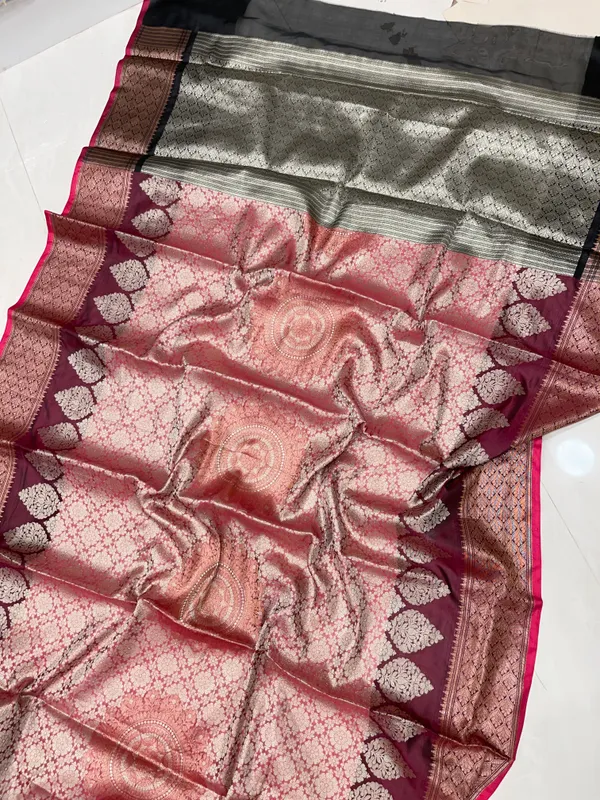 Humairah_Presents_Burgundy_Art_Silk_Floral_Zari_Boota_Sliver_Jaal_and_Dual_Skirt_Silver_Zari_Boota_Copper_Zari_Border_with_Contrast_Black_Pallu_and_Black_Blouse