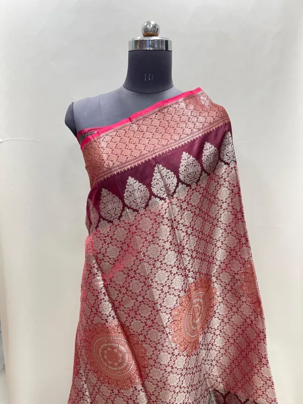 Humairah_Presents_Burgundy_Art_Silk_Floral_Zari_Boota_Sliver_Jaal_and_Dual_Skirt_Silver_Zari_Boota_Copper_Zari_Border_with_Contrast_Black_Pallu_and_Black_Blouse