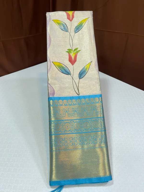 Off_white_Tissue_Silk_Floral_Handpainted_Boota_Contrast_Blue_Border_Banarasi_Saree_MS_TS19