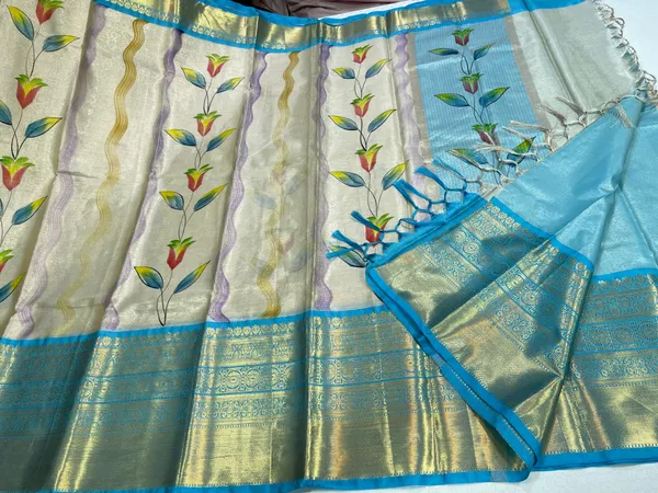Off_white_Tissue_Silk_Floral_Handpainted_Boota_Contrast_Blue_Border_Banarasi_Saree_MS_TS19