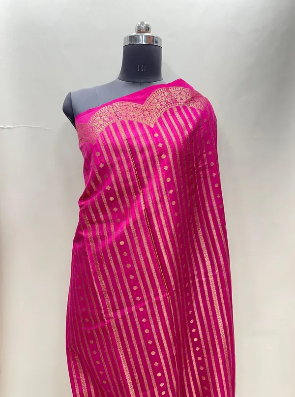 Humairah_Presents_Magenta_Semi_Georgette_Golden_Zari_Stripe_Banarasi_Saree_with_Blouse.