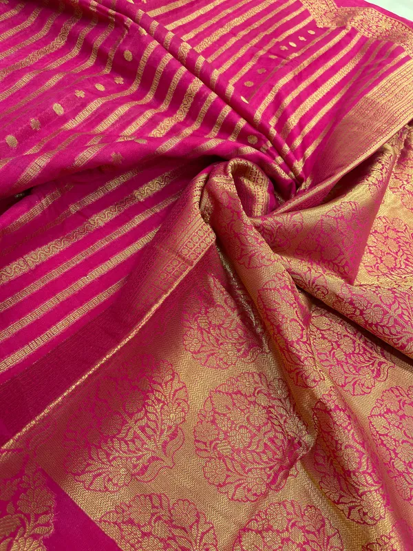 Humairah_Presents_Magenta_Semi_Georgette_Golden_Zari_Stripe_Banarasi_Saree_with_Blouse.
