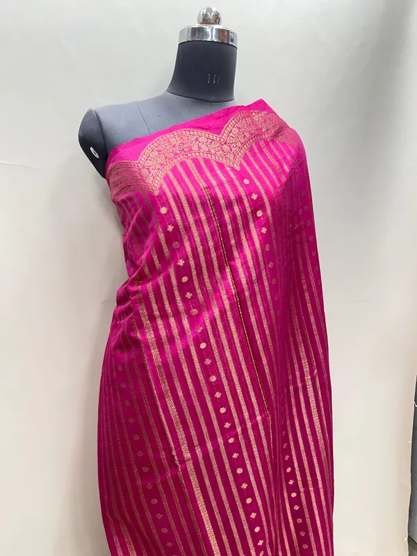 Humairah_Presents_Magenta_Semi_Georgette_Golden_Zari_Stripe_Banarasi_Saree_with_Blouse.