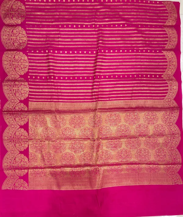 Humairah_Presents_Magenta_Semi_Georgette_Golden_Zari_Stripe_Banarasi_Saree_with_Blouse.