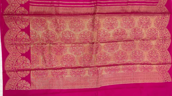 Humairah_Presents_Magenta_Semi_Georgette_Golden_Zari_Stripe_Banarasi_Saree_with_Blouse.