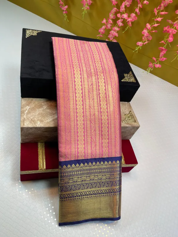 Pink_Semi_Kanchi_Silk_Stripe_Zari_Contrast_Navy_Blue_Zari_Border_Banarasi_Saree_MS_SK42