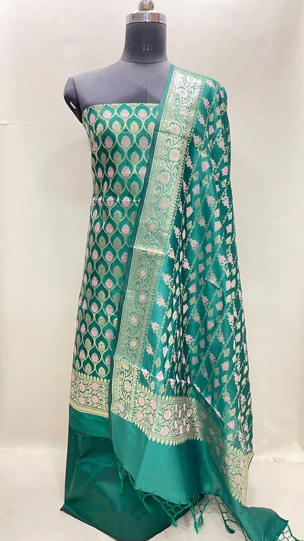 Humairah_Presents_Green_Semi_Katan_Silk_3_pcs_Suit_Set_with_Plain_Bottom_and_Top_Floral_Minakari_Zari_Booti_with_Stripe_Mina_Green_Dupatta_ASD_108