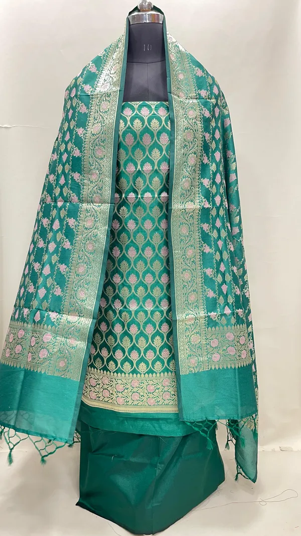Humairah_Presents_Green_Semi_Katan_Silk_3_pcs_Suit_Set_with_Plain_Bottom_and_Top_Floral_Minakari_Zari_Booti_with_Stripe_Mina_Green_Dupatta_ASD_108