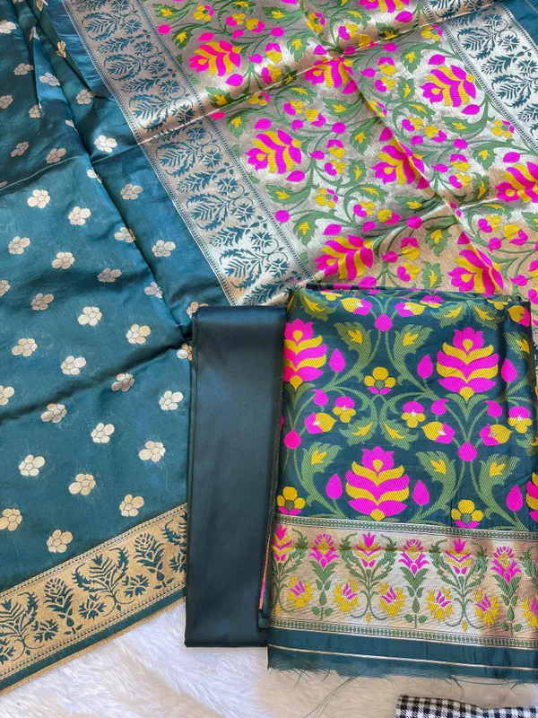 Dark_Green_Jamdani_Weave_Cotton_Banarasi_3_pcs_Suit_Set_600SKL_JM13