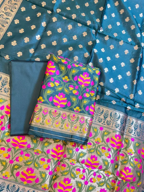 Dark_Green_Jamdani_Weave_Cotton_Banarasi_3_pcs_Suit_Set_600SKL_JM13