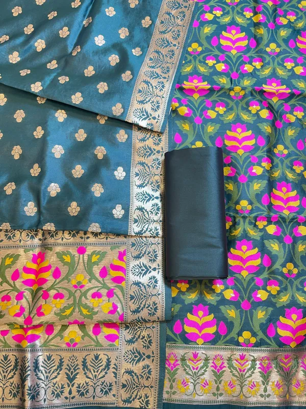 Dark_Green_Jamdani_Weave_Cotton_Banarasi_3_pcs_Suit_Set_600SKL_JM13