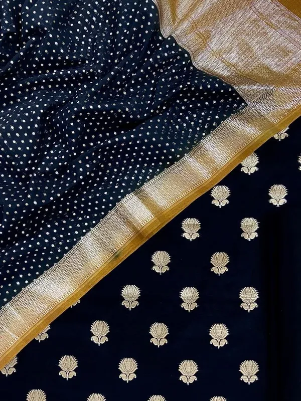 Pure_Mercerized_Lorex_Weave_Zari_Booti_With_Contrast_Mustard_Yellow_Border_Chunri_Dupatta_Banarasi_Suit_Skl_Pm15