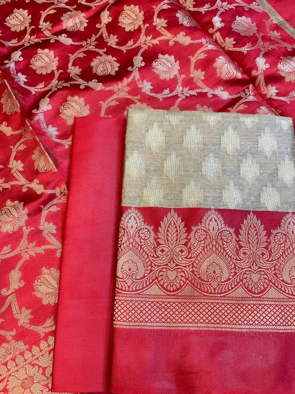 Beige_Art_Silk_Floral_Zari_Booti_Contrast_Banarasi_Suit_with_Red_Dupatta_625AJ_TPT49