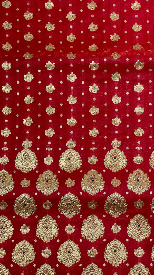 Humairah_Presents_Maroon_Satin_Silk_Half_Half_Patli_Zari_Booti_Low_Stone_Work_Saree_with_Banarasi_Pallu_and_Maroon_Blouse