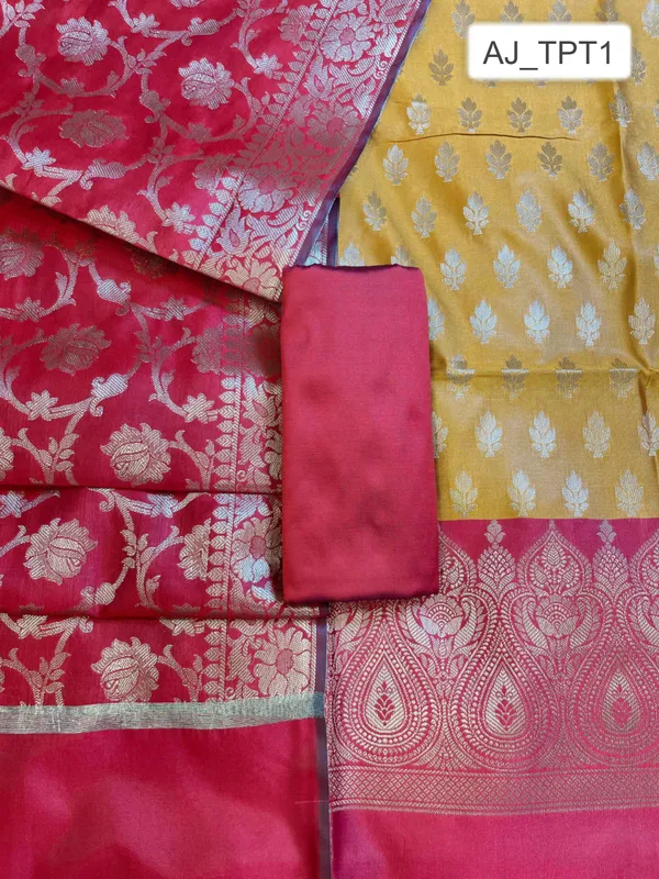 Mustard_Art_Silk_Floral_Zari_Booti_Contrast_Banarasi_Suit_with_Red_Dupatta_625AJ_TPT1