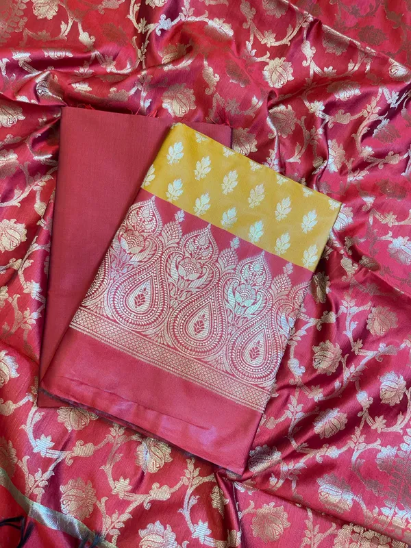 Mustard_Art_Silk_Floral_Zari_Booti_Contrast_Banarasi_Suit_with_Red_Dupatta_625AJ_TPT1