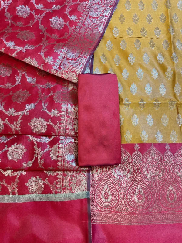 Mustard_Art_Silk_Floral_Zari_Booti_Contrast_Banarasi_Suit_with_Red_Dupatta_625AJ_TPT1