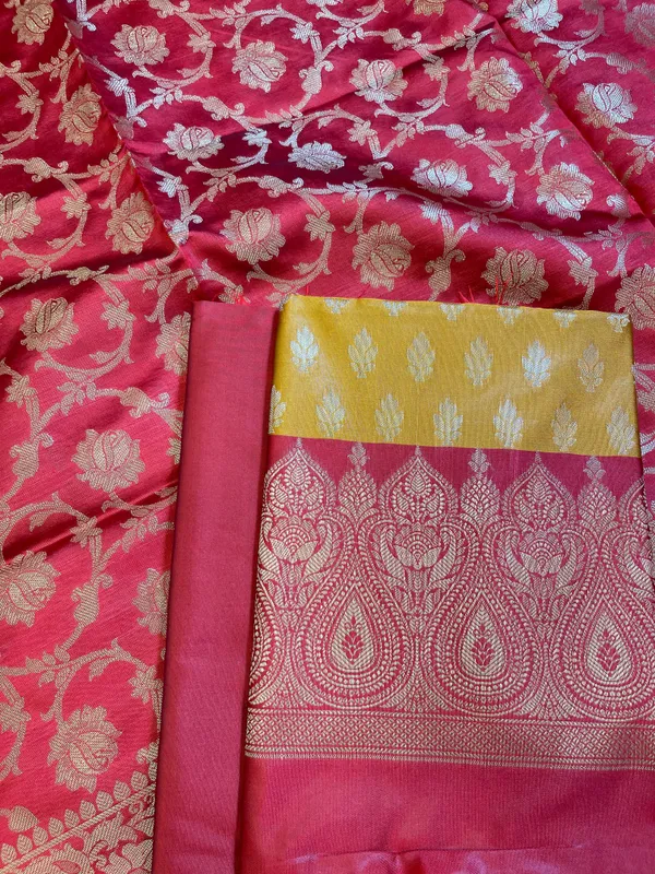 Mustard_Art_Silk_Floral_Zari_Booti_Contrast_Banarasi_Suit_with_Red_Dupatta_625AJ_TPT1