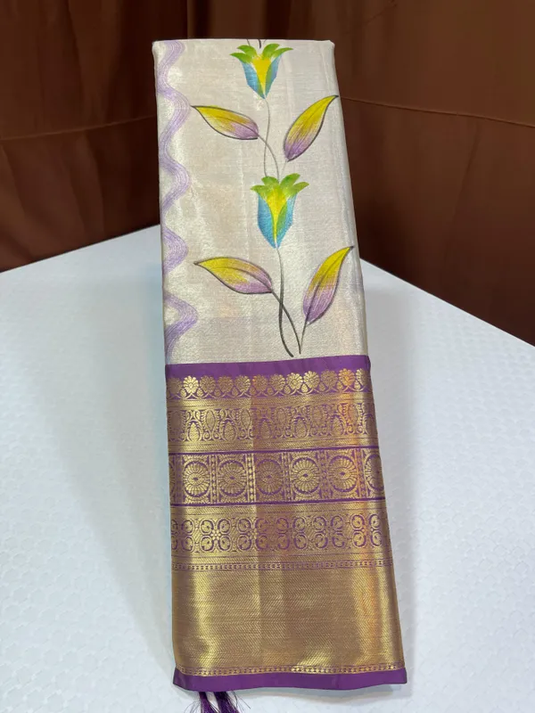 Off_white_Tissue_Silk_Floral_Handpainted_Boota_Contrast_Light_Purple_Border_Banarasi_Saree_MS_TS14