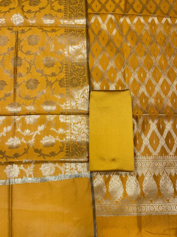 Humairah_Mustard_Gold_Art_Silk_Diagonal_Zari_Zig-Zag_Stripe_3_pcs_Suit_set_with_Plain_Bottom_and_Tilfi_Floral_Zari_Diagonal_Mustard_Gold_Dupatta