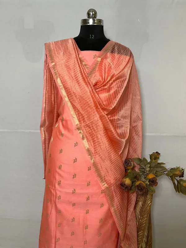Peach_Mercerize_Silk_Chunri_Booti_With_Tissue_Silk_Dupatta_Banarasi_3_Pcs_Suit_Set_Skl_Ms12