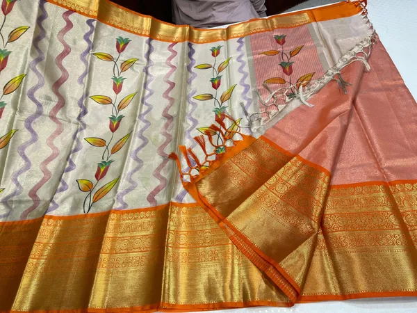 Off_white_Tissue_Silk_Floral_Handpainted_Boota_Contrast_Orange_Border_Banarasi_Saree_MS_TS16