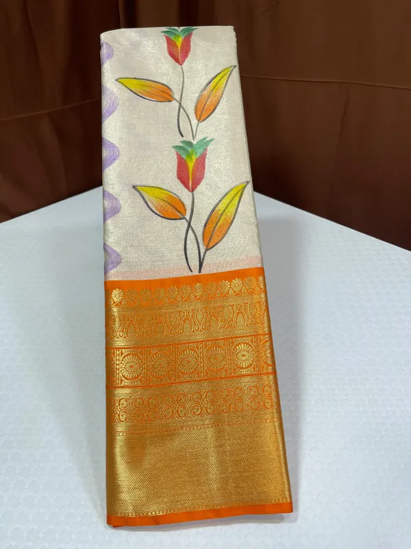 Off_white_Tissue_Silk_Floral_Handpainted_Boota_Contrast_Orange_Border_Banarasi_Saree_MS_TS16