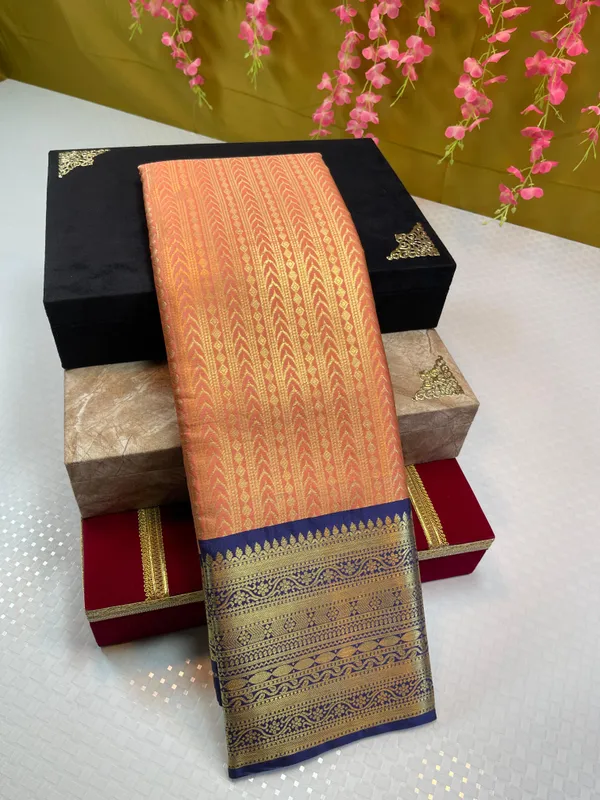 Peach_Semi_Kanchi_Silk_Stripe_Zari_Contrast_Navy_Blue_Zari_Border_Banarasi_Saree_MS_SK39