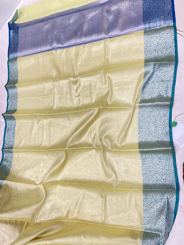Humairah_Presents_LimeGreen_Art_Silk_Floral_Lehariya_Sliver_Jaal_with_Contrast_Blue_Pallu_and_Olive_Copper_Silver_Jaal_Zari_Border_with_Blue_Blouse