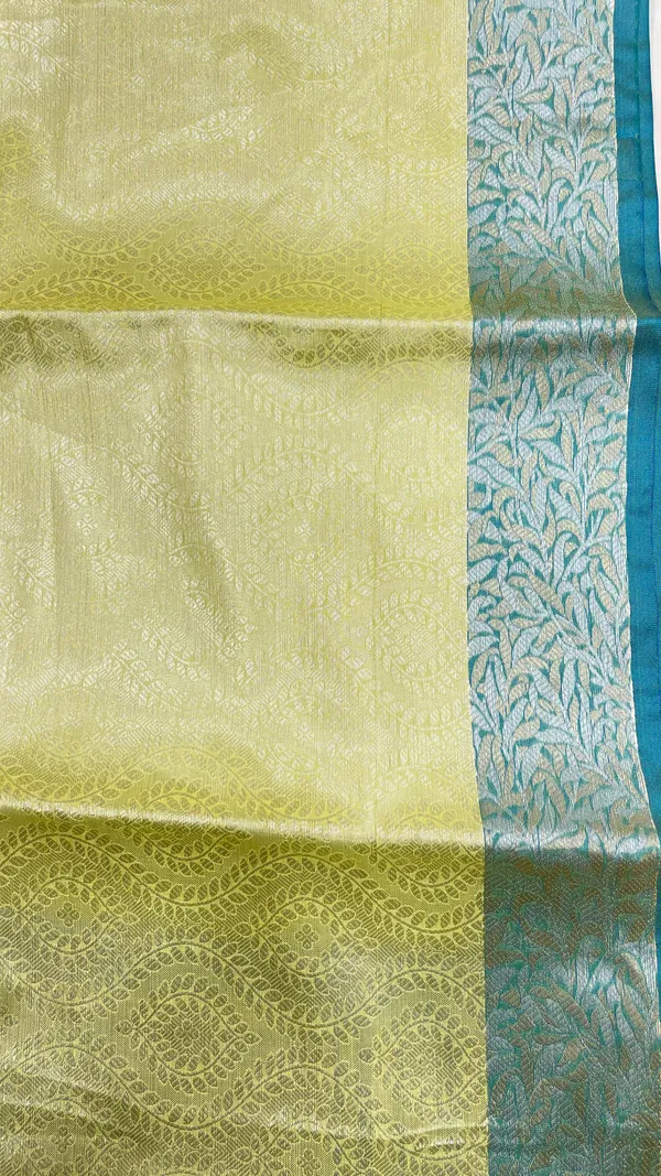 Humairah_Presents_LimeGreen_Art_Silk_Floral_Lehariya_Sliver_Jaal_with_Contrast_Blue_Pallu_and_Olive_Copper_Silver_Jaal_Zari_Border_with_Blue_Blouse