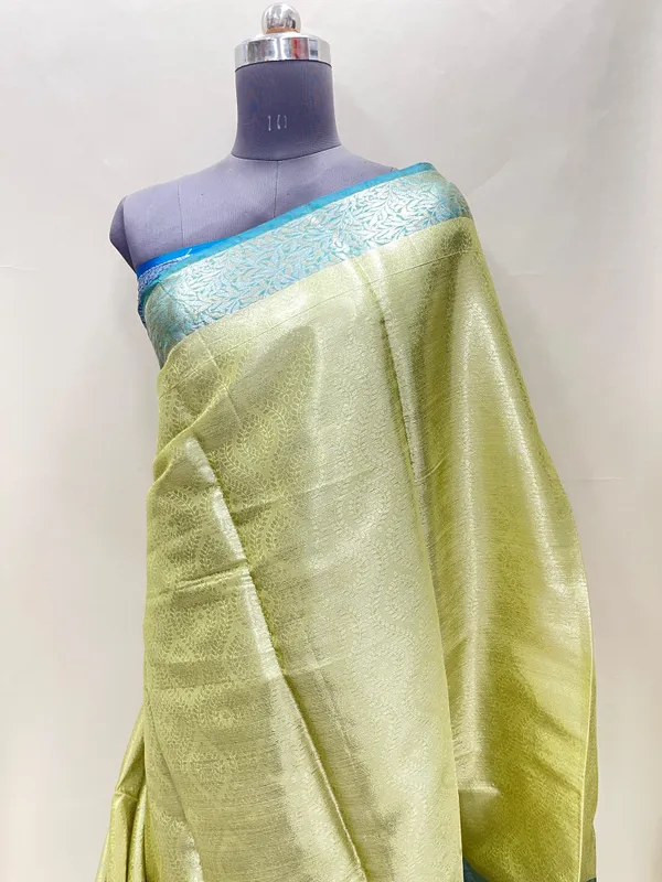 Humairah_Presents_LimeGreen_Art_Silk_Floral_Lehariya_Sliver_Jaal_with_Contrast_Blue_Pallu_and_Olive_Copper_Silver_Jaal_Zari_Border_with_Blue_Blouse