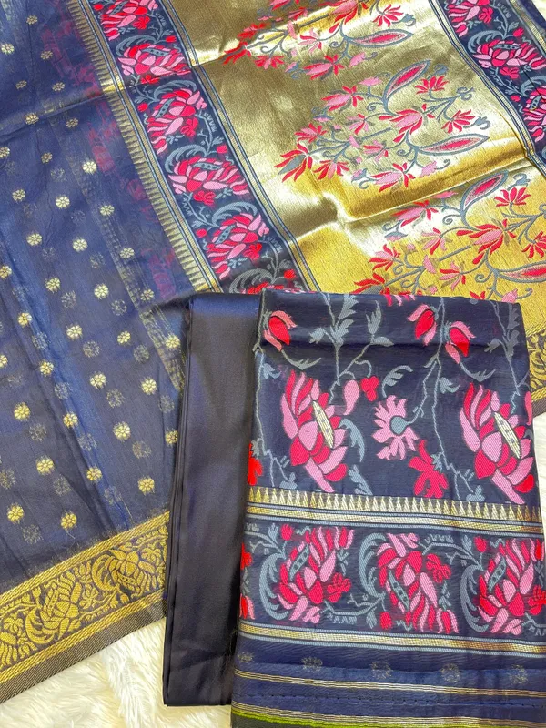 Navy_Blue_Jamdani_Weave_Cotton_Banarasi_3_pcs_Suit_Set_600SKL_JM17