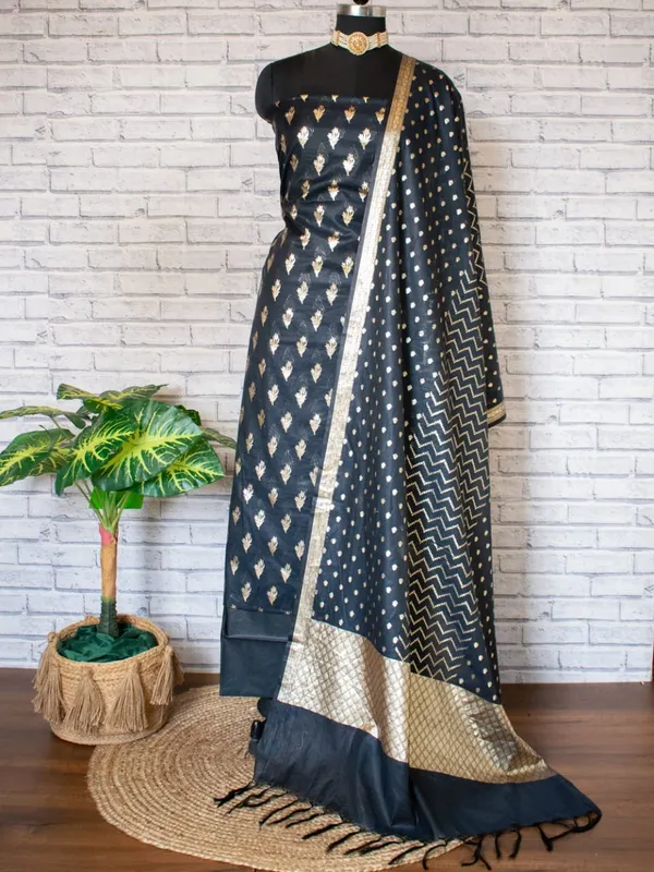 Black_Pure_Mercerise_Silk_Floral_Zari_Booti_with_Lorex_Dupatta_Banarasi_Suit_Set_1200SKL_MS17