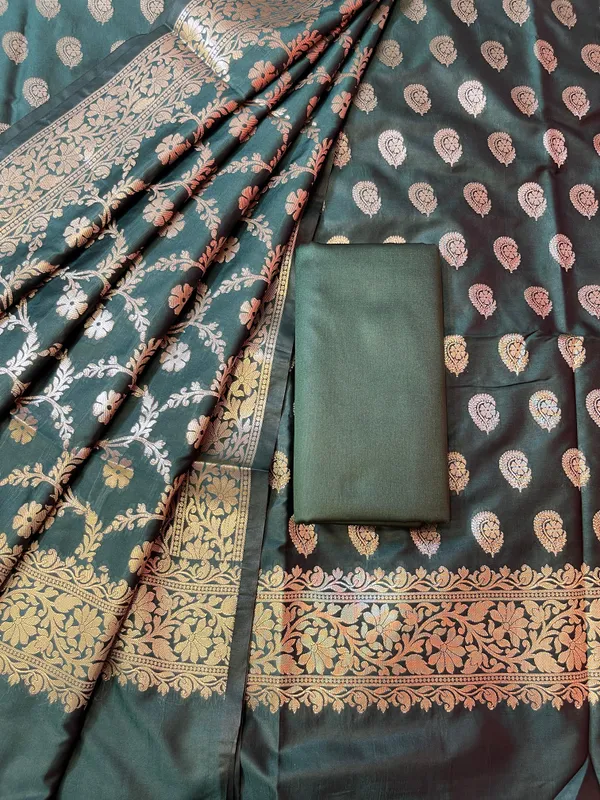 Dark_Green_Semi_Silk_Floral_Zari_Booti_Banarasi_3_pcs_Suit_Set_900AJ_SK19