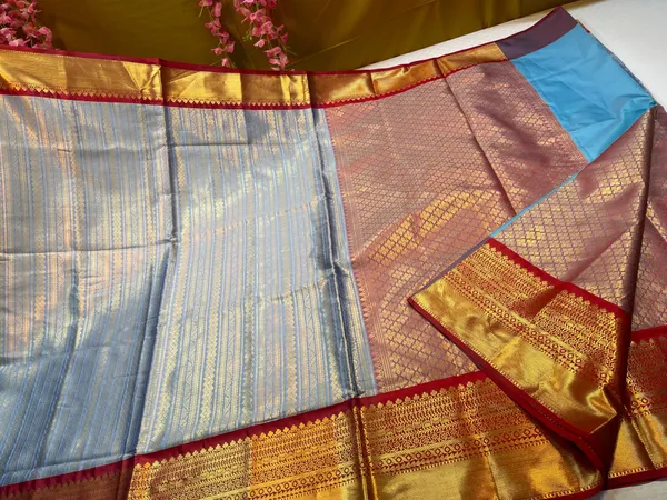 Light_Blue_Semi_Kanchi_Silk_Stripe_Zari_Contrast_Red_Border_Banarasi_Saree_MS_SK47