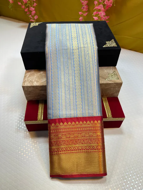 Light_Blue_Semi_Kanchi_Silk_Stripe_Zari_Contrast_Red_Border_Banarasi_Saree_MS_SK47