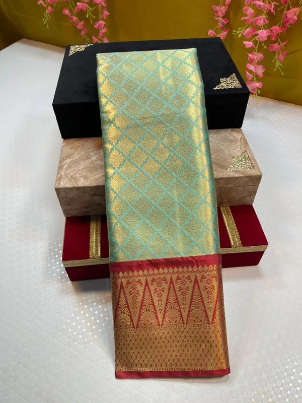 Seagreen_Semi_Kanchi_Silk_Brocade_Contrast_Red_Border_Banarasi_Saree_MS_SK6