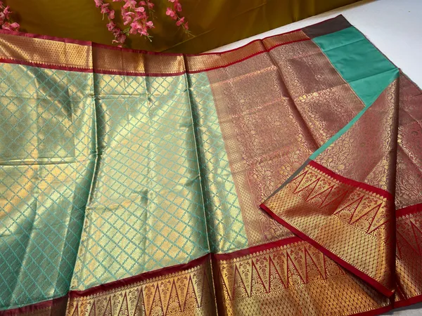 Seagreen_Semi_Kanchi_Silk_Brocade_Contrast_Red_Border_Banarasi_Saree_MS_SK6