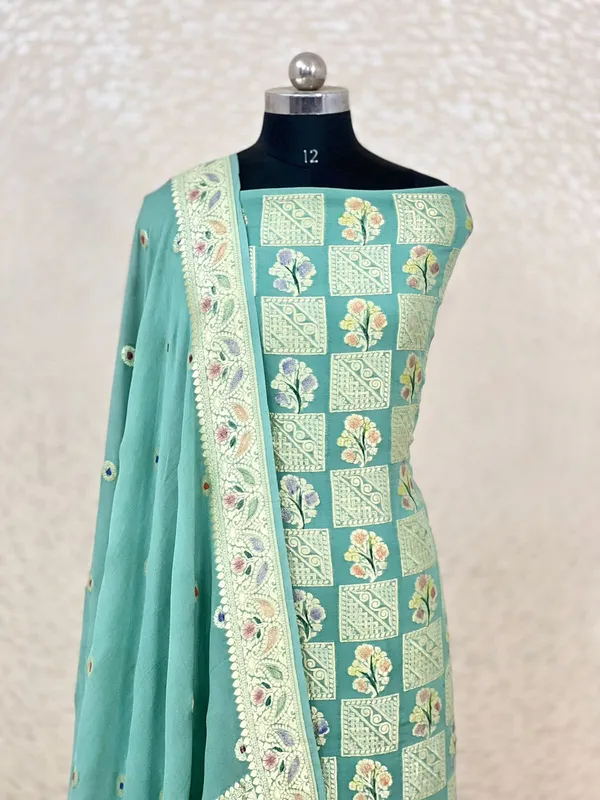 Pure_Handloom_Seagreen_Khaddi_Georgette_Handbrush_Floral_Zari_Boota_with_Handbrush_Booti_Dupatta_Banarasi_Suit_Set_7000SKL_KG12