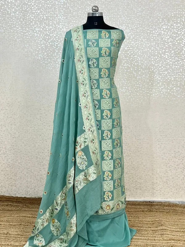 Pure_Handloom_Seagreen_Khaddi_Georgette_Handbrush_Floral_Zari_Boota_with_Handbrush_Booti_Dupatta_Banarasi_Suit_Set_7000SKL_KG12