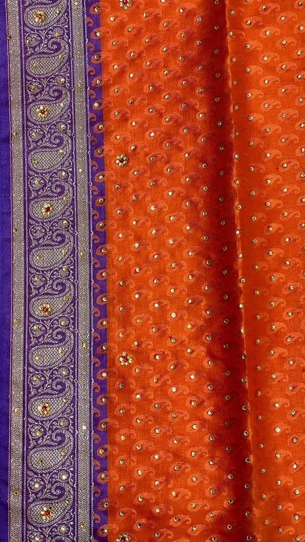 Humairah_Presents_Orange_Tanchoi_Silk_Low_Stone_Work_with_Contrast_Blue_Pallu_Zari_Border_and_Purple_Blouse