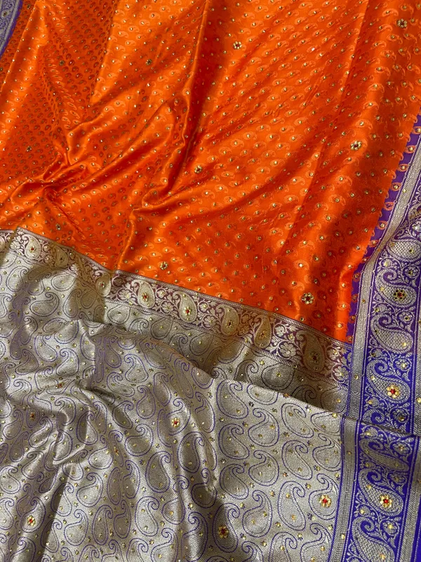 Humairah_Presents_Orange_Tanchoi_Silk_Low_Stone_Work_with_Contrast_Blue_Pallu_Zari_Border_and_Purple_Blouse