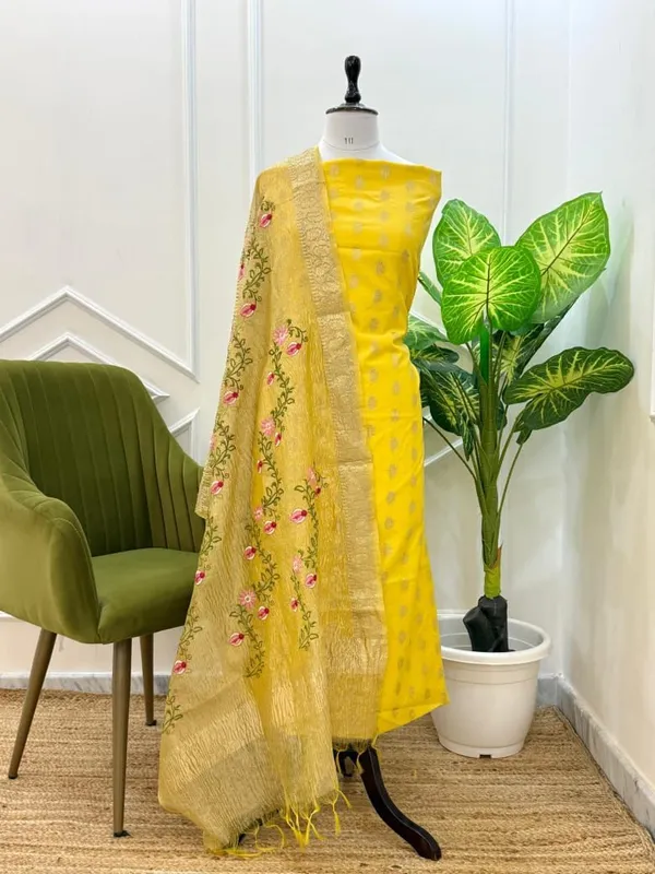 Yellow_Pure_Mercerised_Zari_Booti_with_Embroidery_Tissue_Dupatta_Banarasi_Suit_Set_1200SKL_PME11