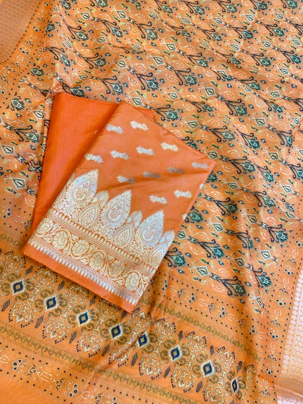 Orange_Katan_Silk_Floral_Zari_Booti_with_Cotton_Print_Dupatta_Banarasi_3_pcs_Suit_Set_1500AJ_KCP3