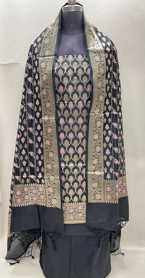 Humairah_Presents_Black_Semi_Katan_Silk_3_pcs_Suit_Set_with_Plain_Bottom_and_Top_Floral_Minakari_Zari_Booti_with_Stripe_Mina_Black_Dupatta_ASD_111