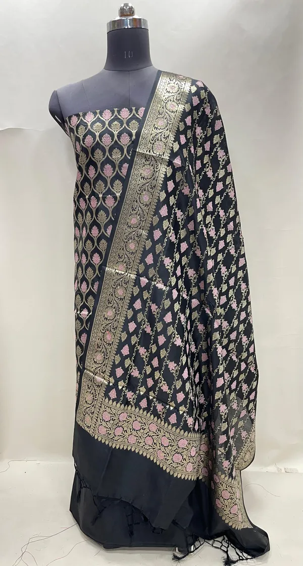 Humairah_Presents_Black_Semi_Katan_Silk_3_pcs_Suit_Set_with_Plain_Bottom_and_Top_Floral_Minakari_Zari_Booti_with_Stripe_Mina_Black_Dupatta_ASD_111