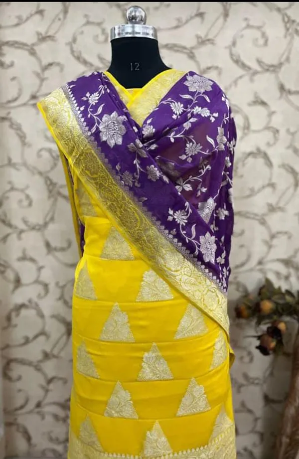 Pure_Handloom_Yellow_Khaddi_Georgette_Geometrical_Zari_Boota_Banarasi_Suit_Set_with_Contrast_Purple_Jaal_Dupatta_Suit_Set_6500SKL_KG21